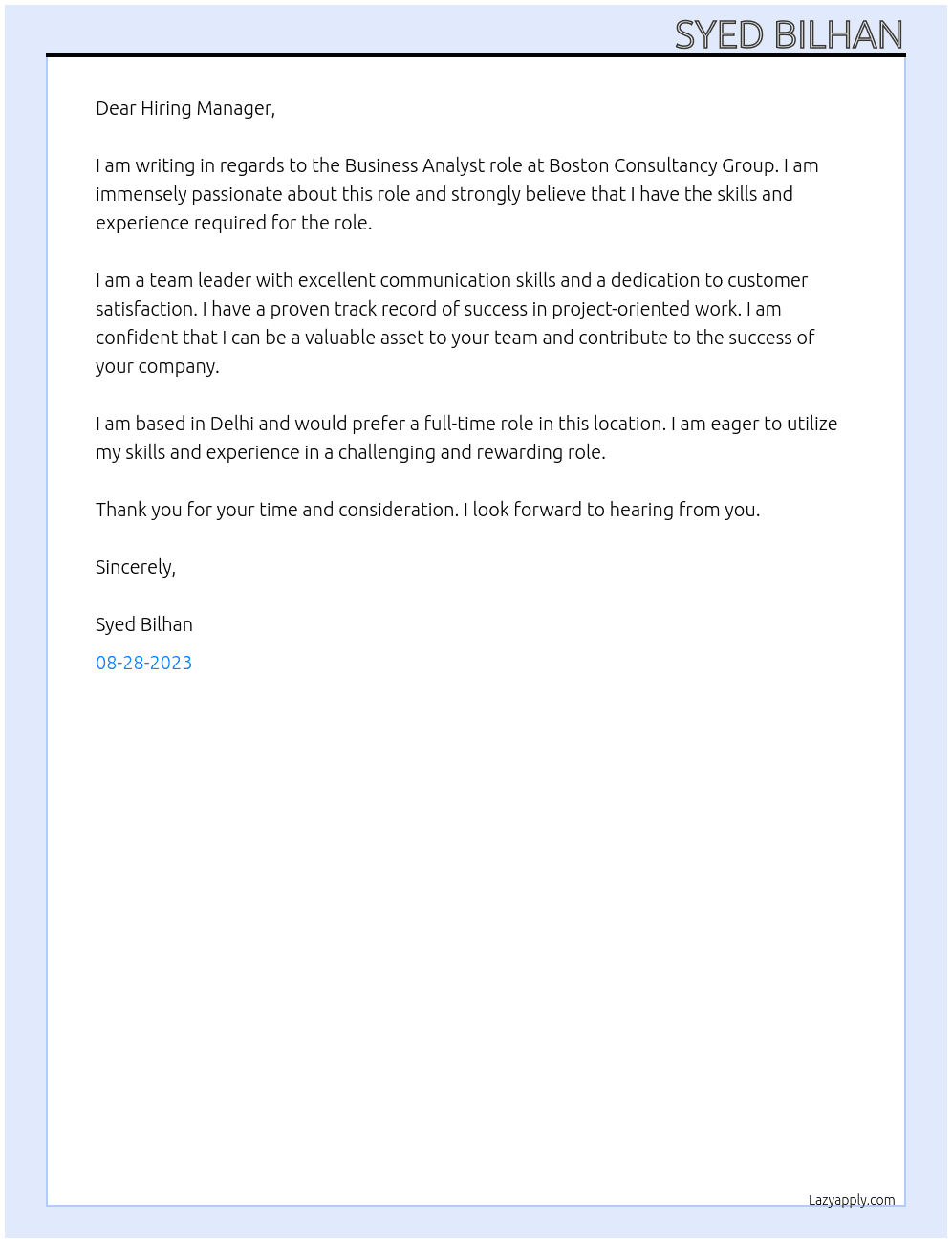 Business Analyst At Boston Consultancy Group Cover Letter