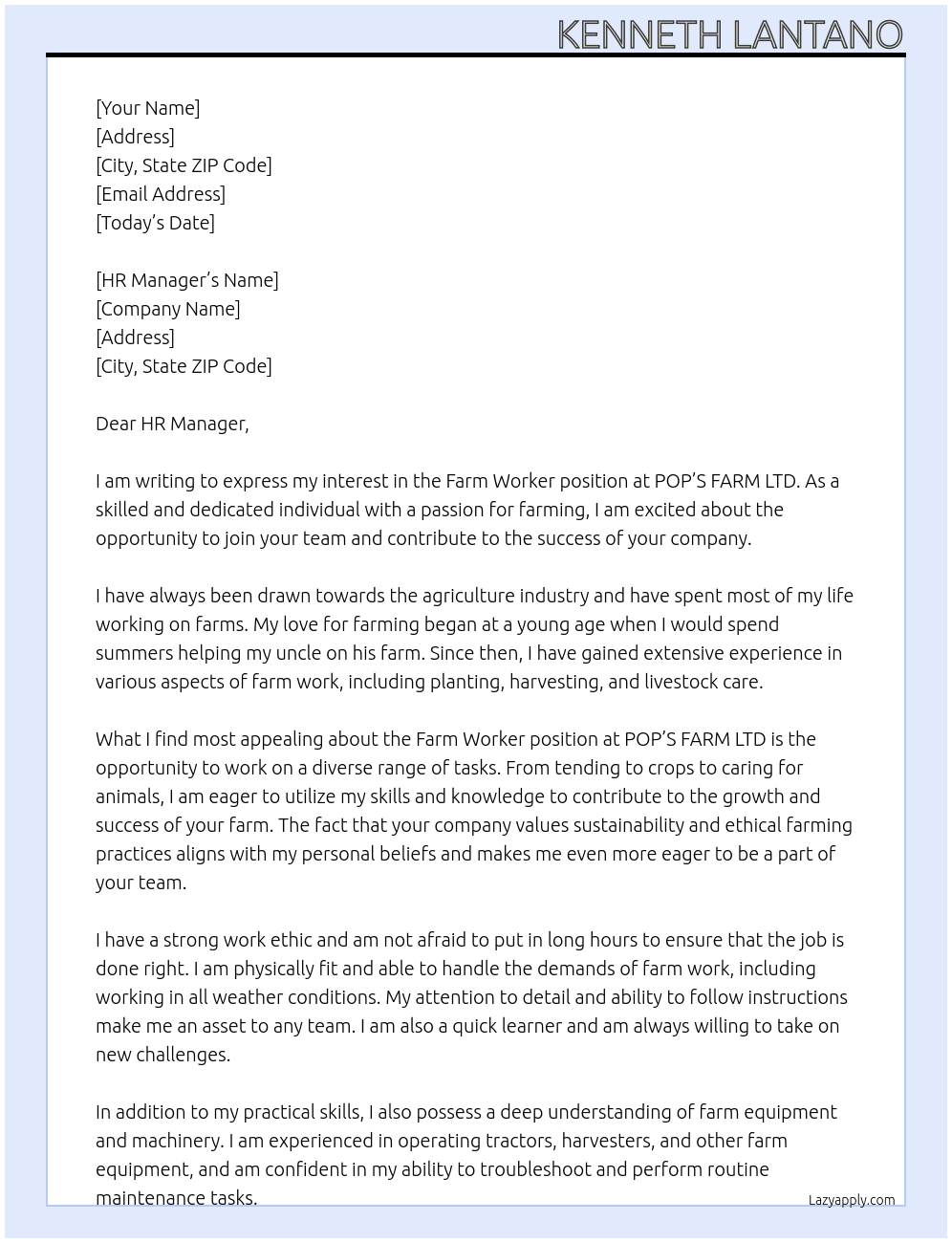 Farm Worker At POP’S FARM LTD Cover Letter