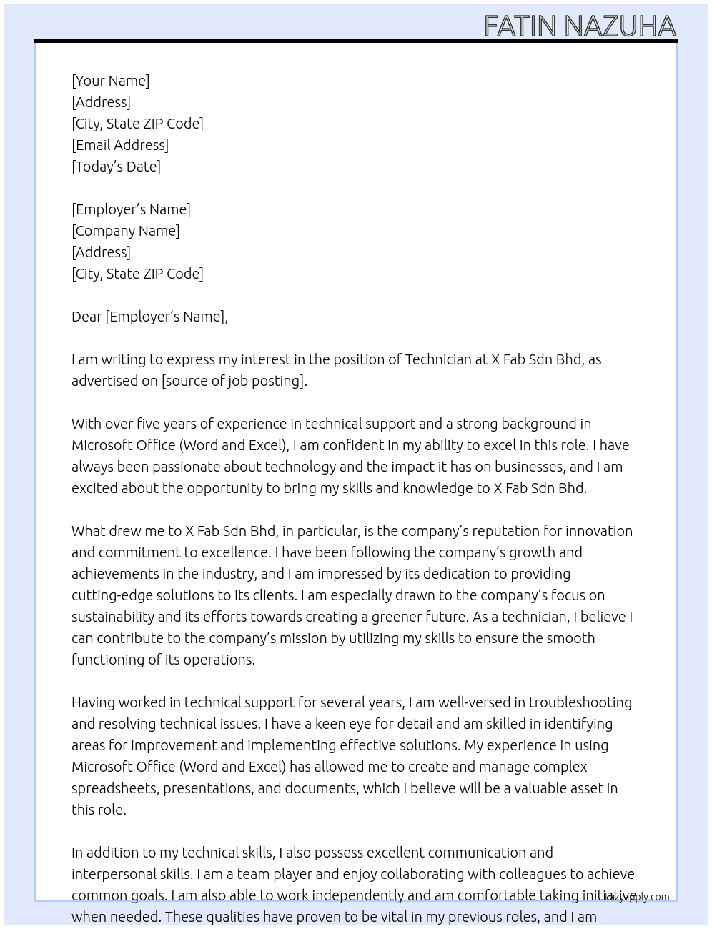 Technician At X Fab Sdn Bhd Cover Letter