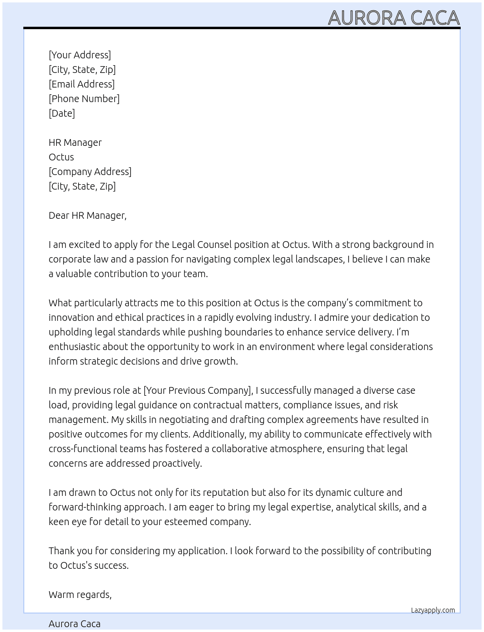 Legal counsel At Octus Cover Letter