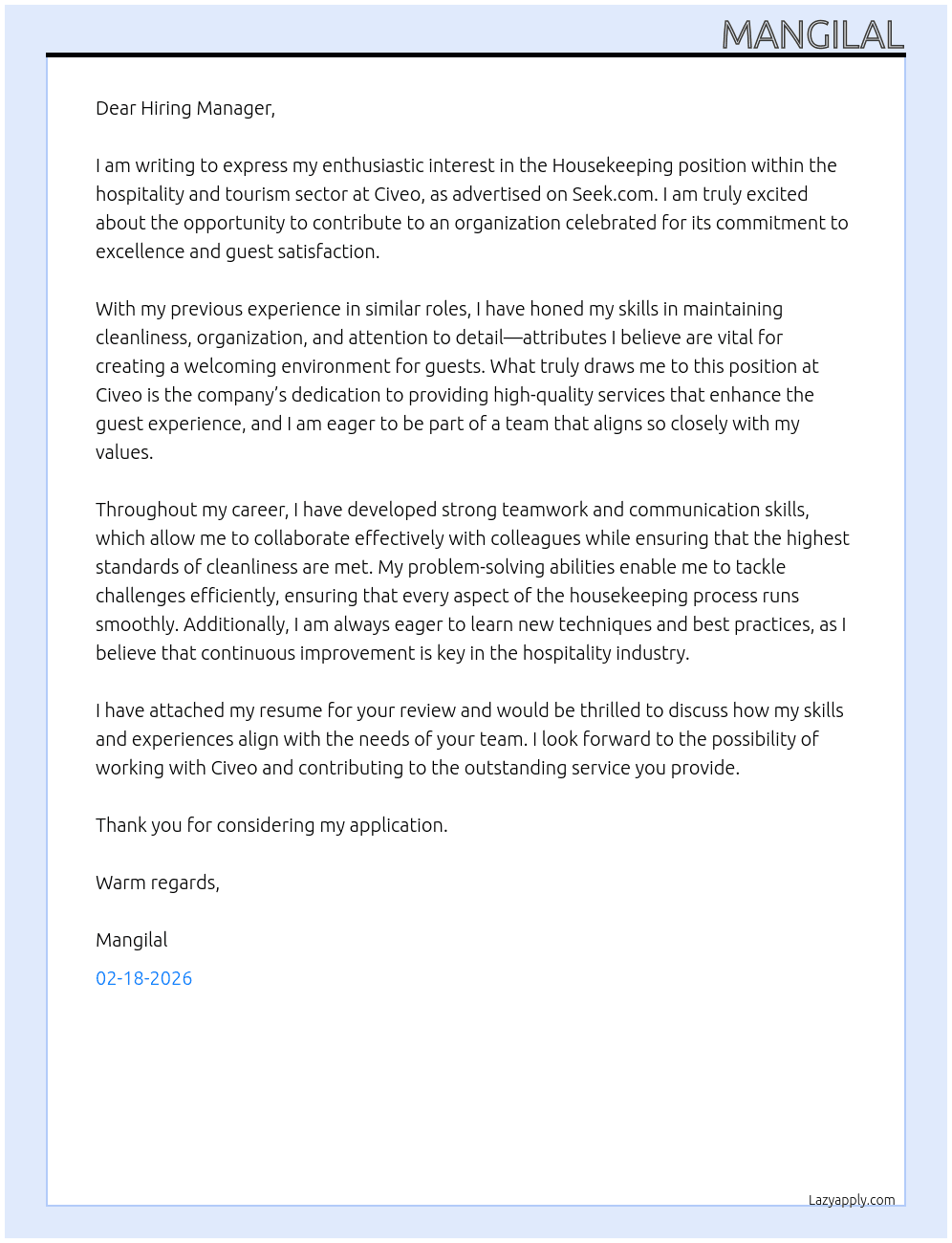 Housekeeping, hospitality& tourism At Civeo Cover Letter