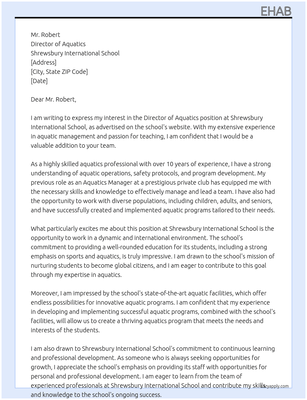 Director of Aquatics At Shrewsbury International School Cover Letter