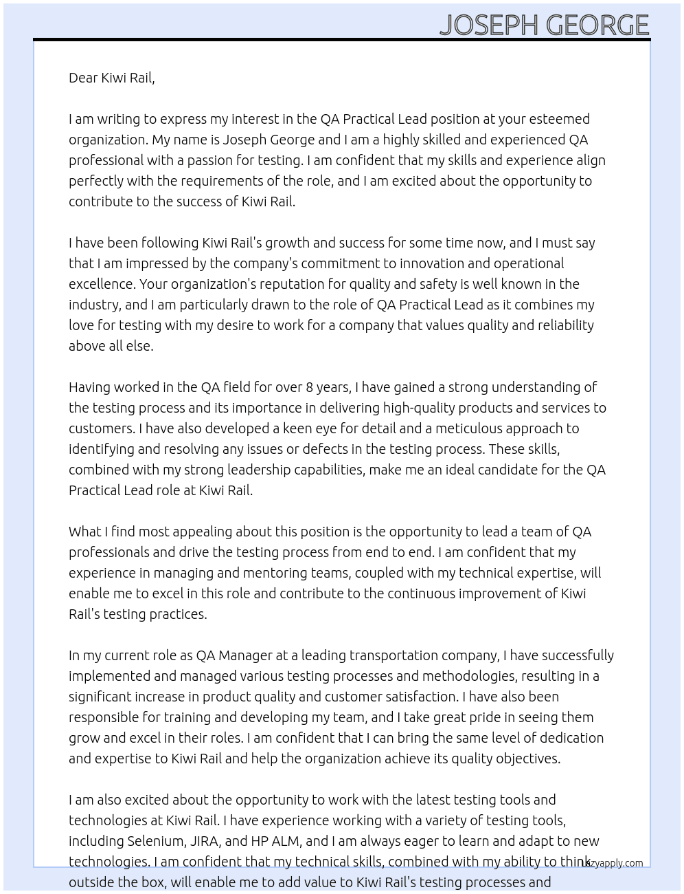 QA Practical Lead At Kiwi Rail Cover Letter
