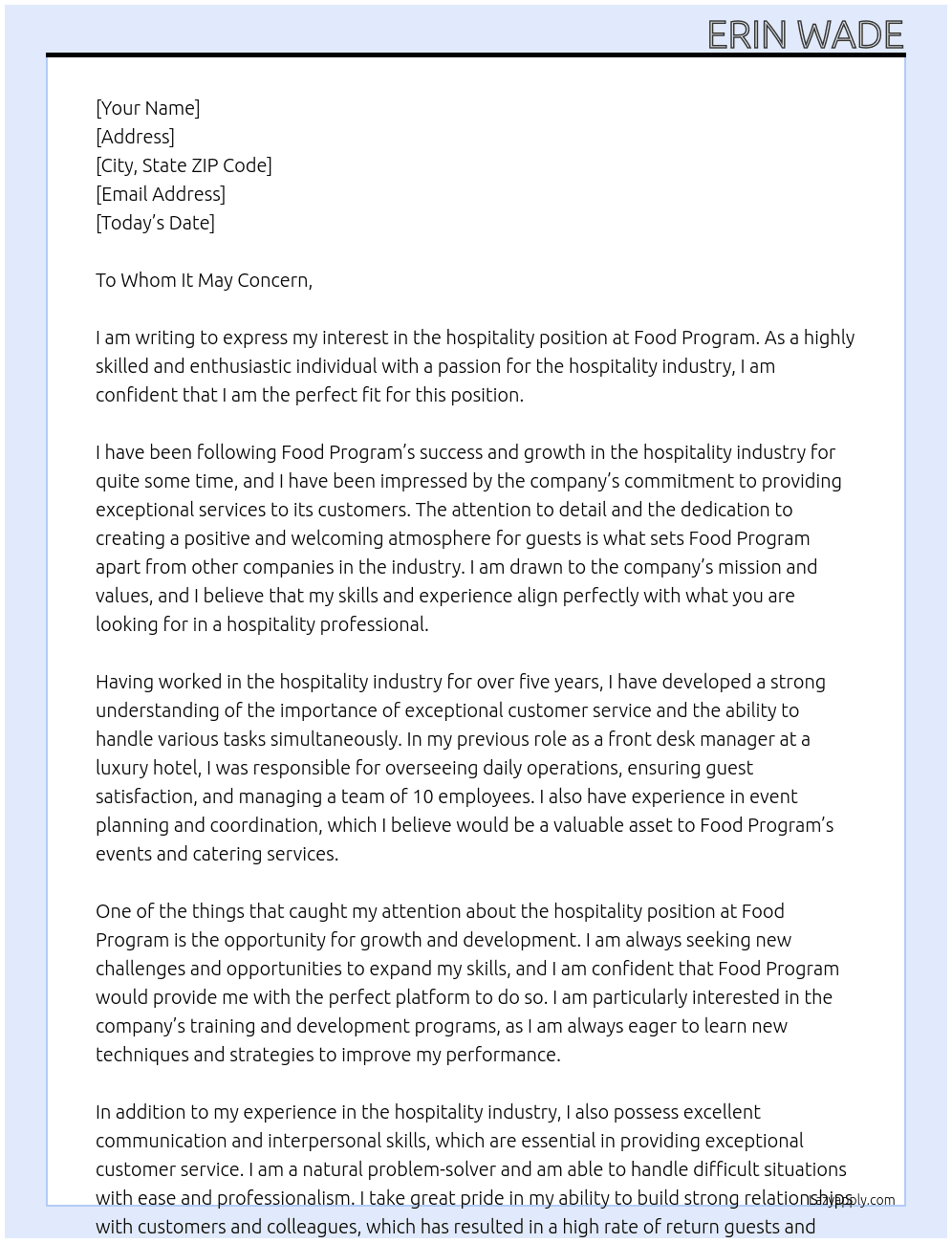 Hospitality At Food Program Cover Letter