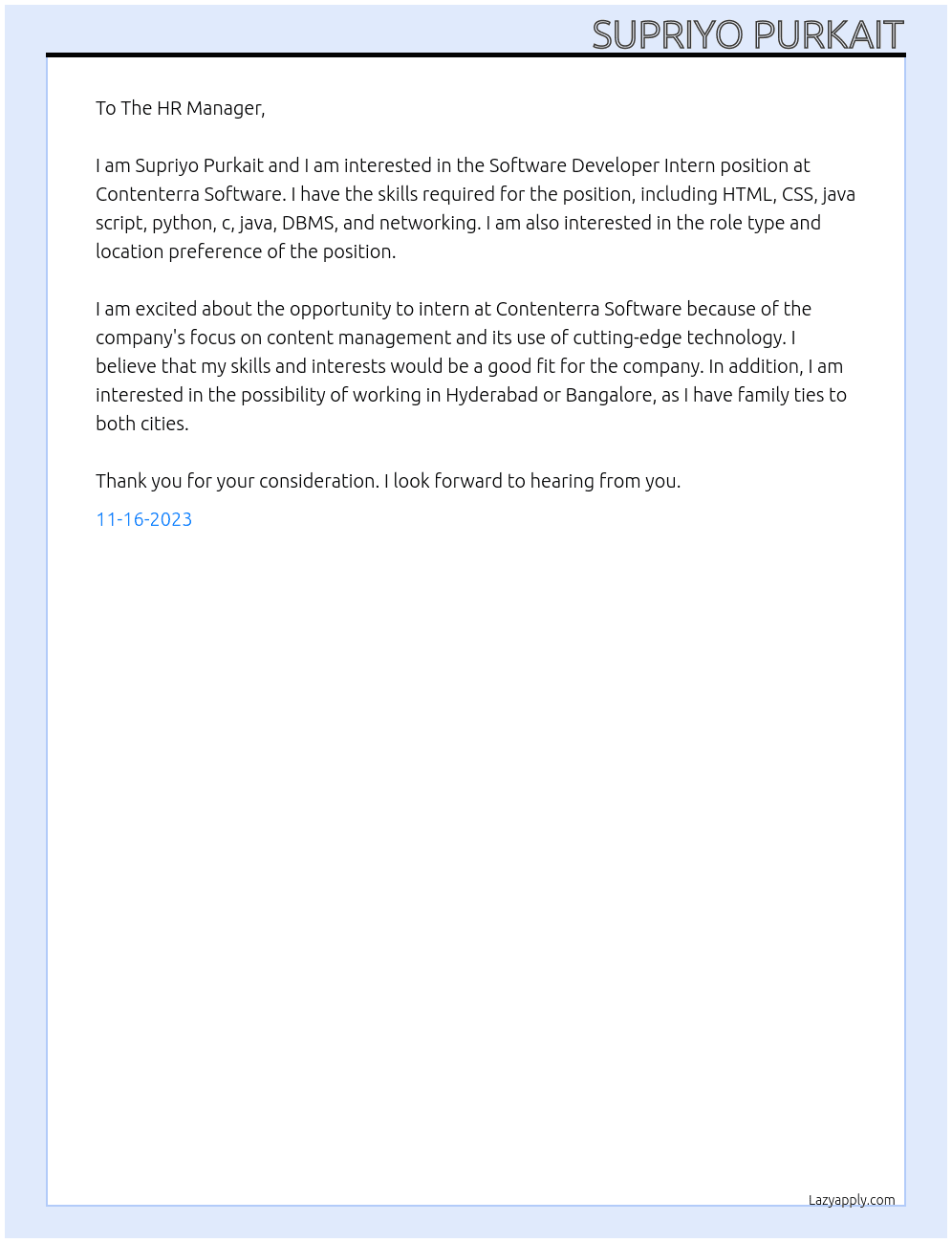 Software Developer Intern At Contenterra Software Cover Letter