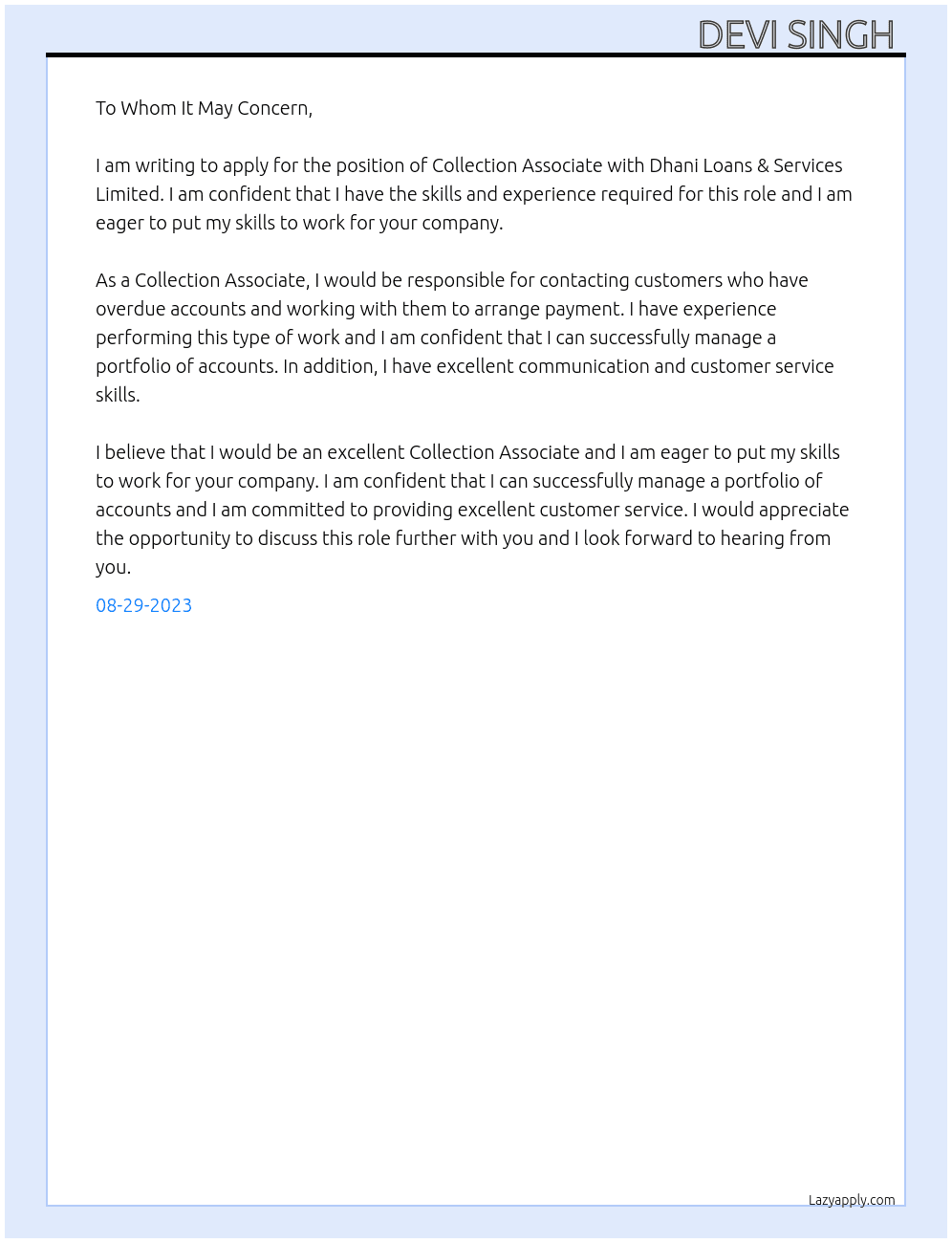 COLLECTION ASSOCIATE  At Dhani Loans & Services Limited Cover Letter
