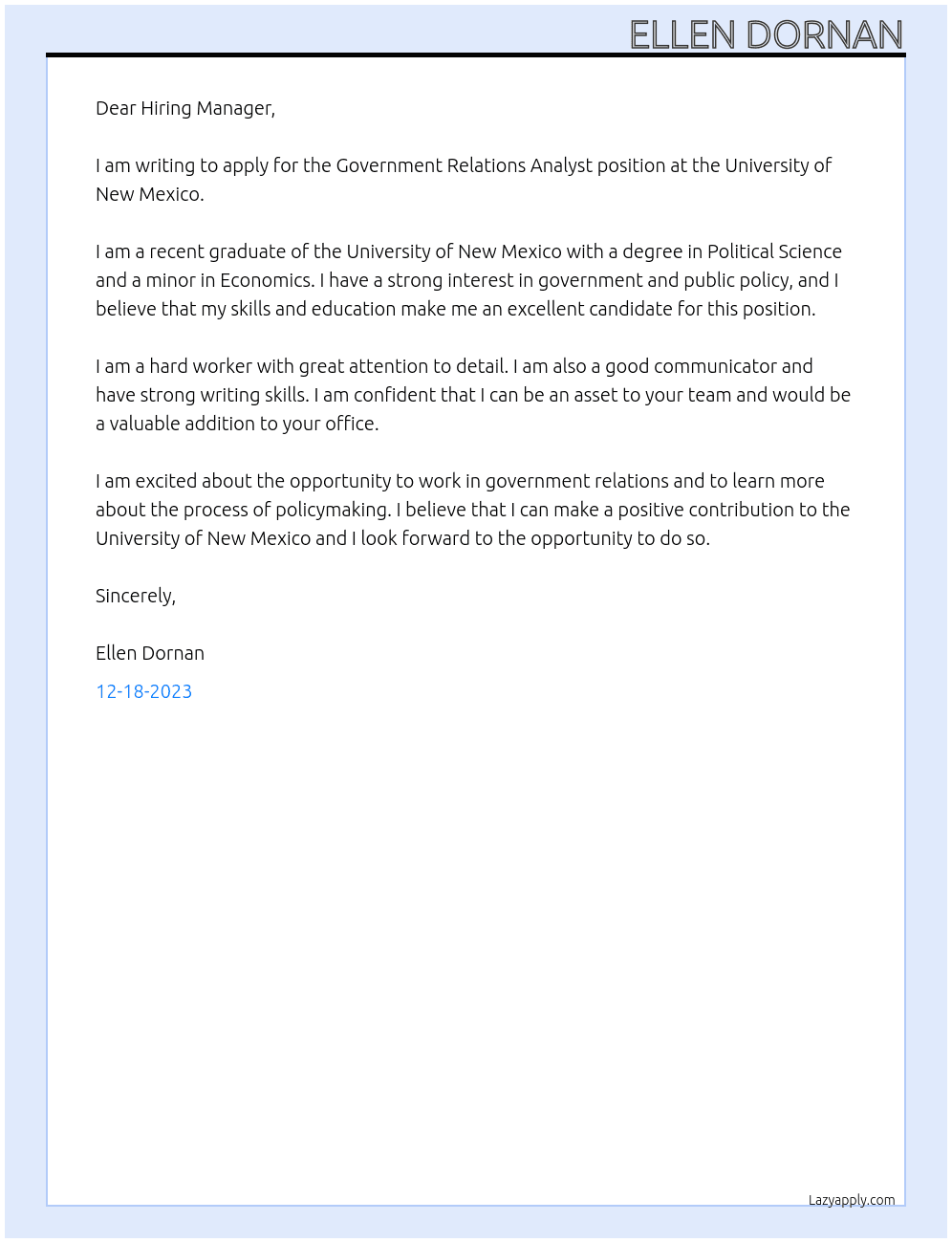 Government Relations Analyst At University of New Mexico Cover Letter