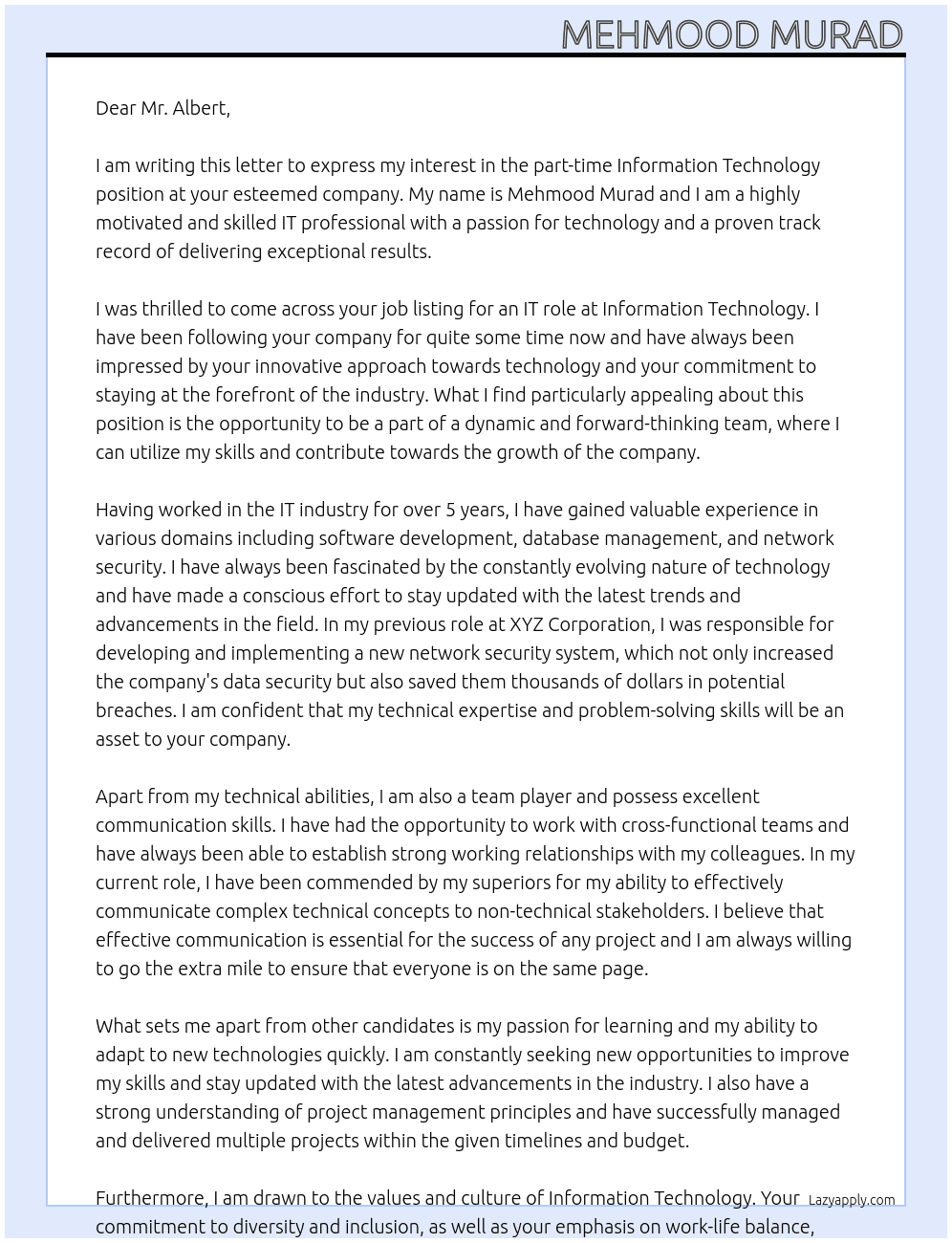 Information Technology At Information Technology Cover Letter