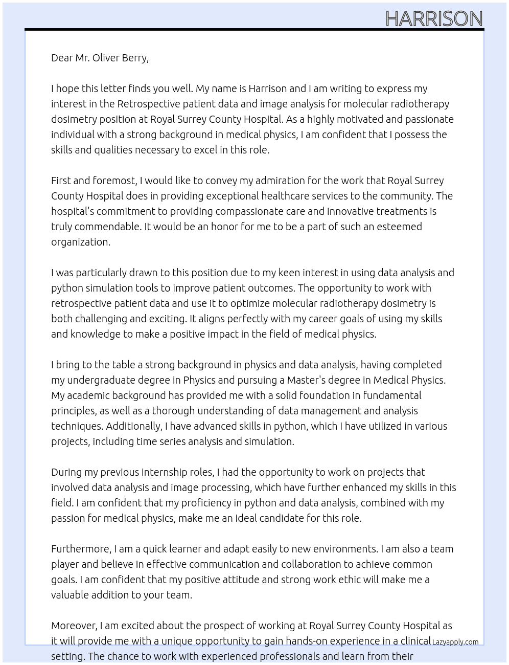 Retrospective patient data and image analysis for molecular radiotherapy dosimetry At Royal Surrey County hospital Cover Letter