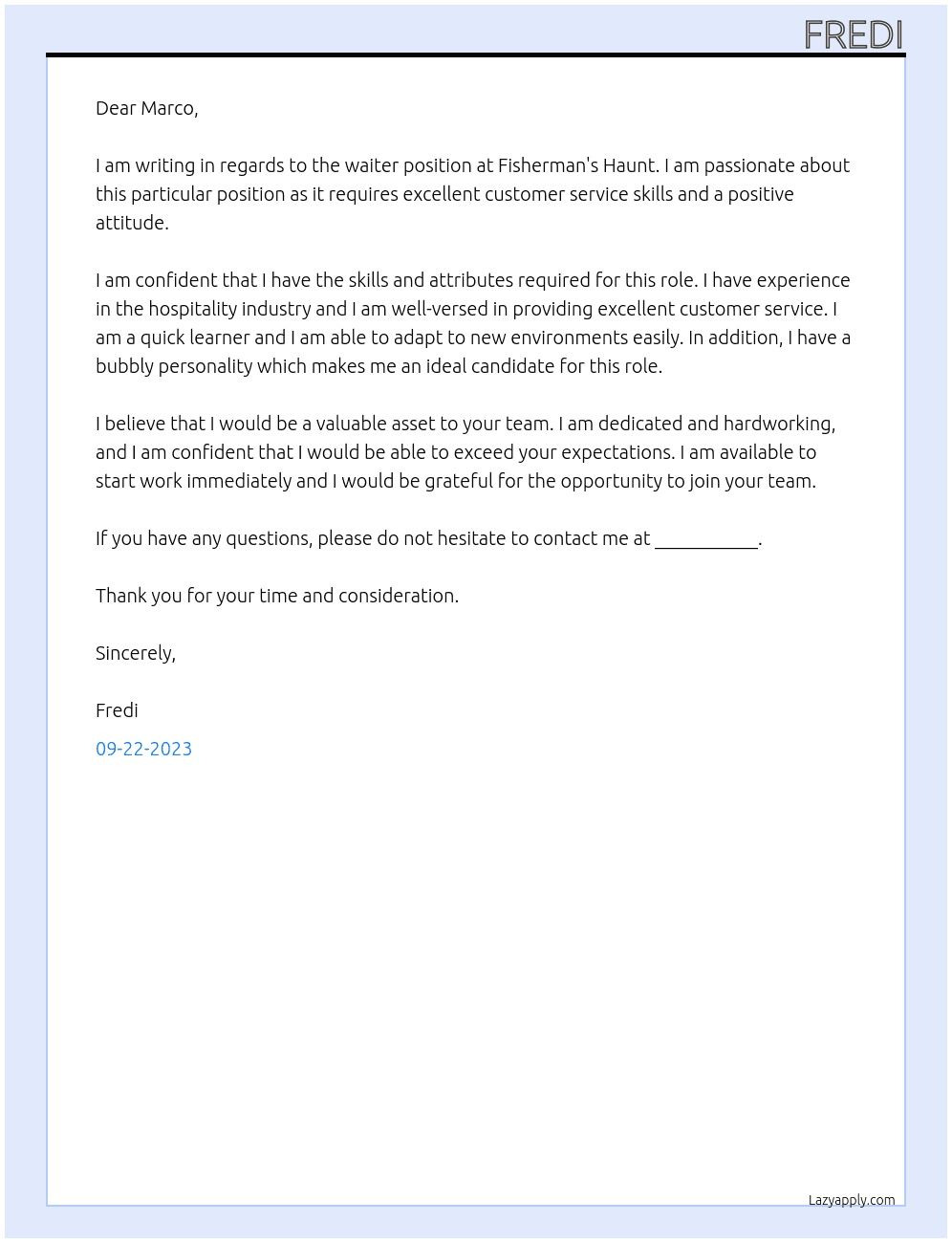 waiter At fishermans haunt Cover Letter