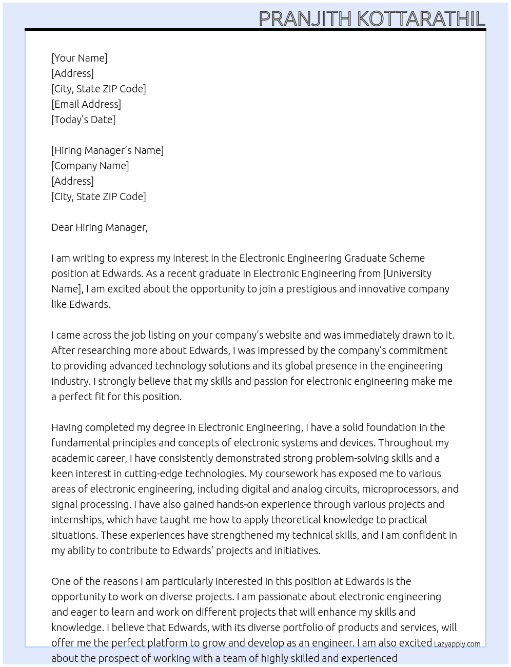Electronic Engineering Graduate Scheme At Edwards Cover Letter