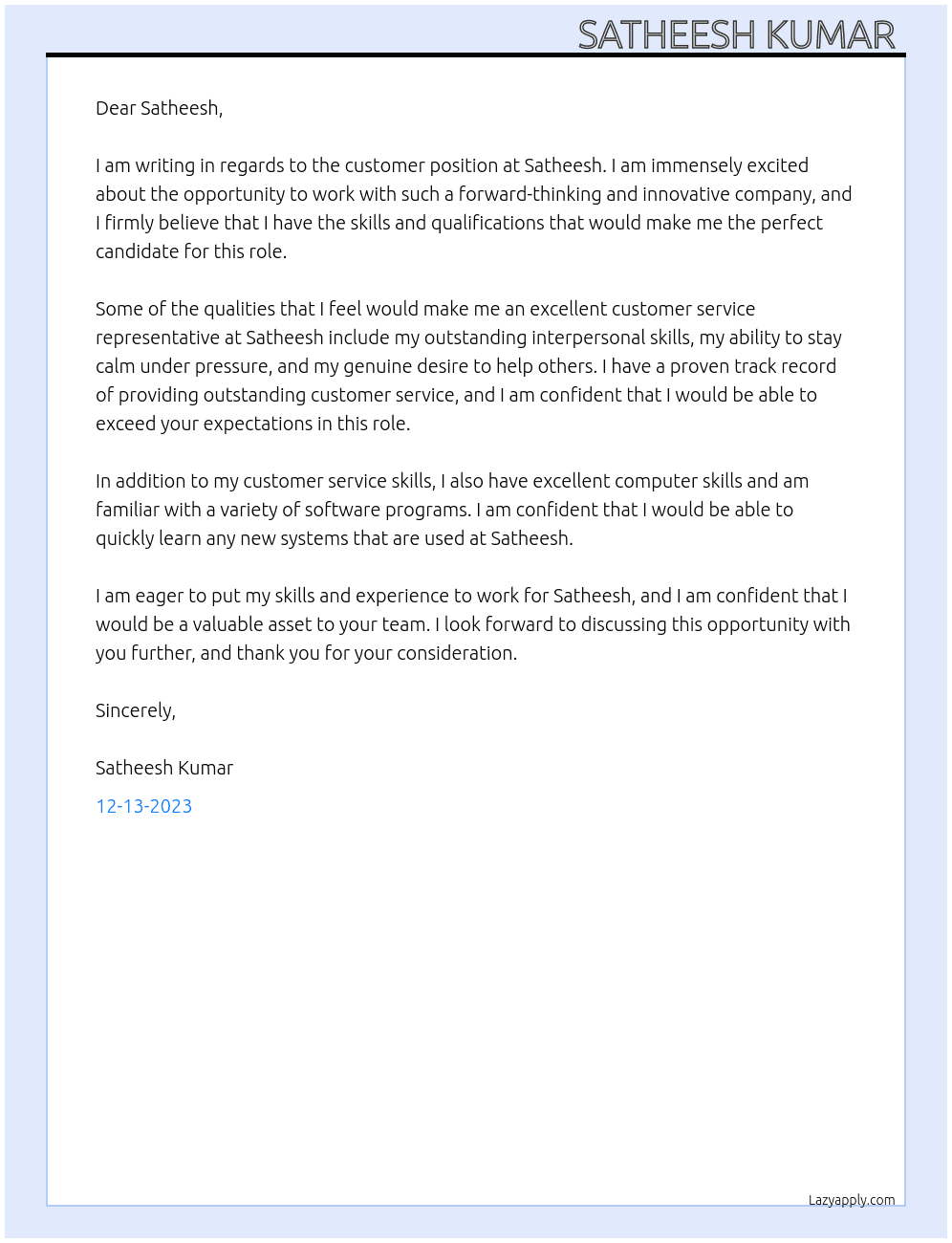 Customer  At Satheesh  Cover Letter