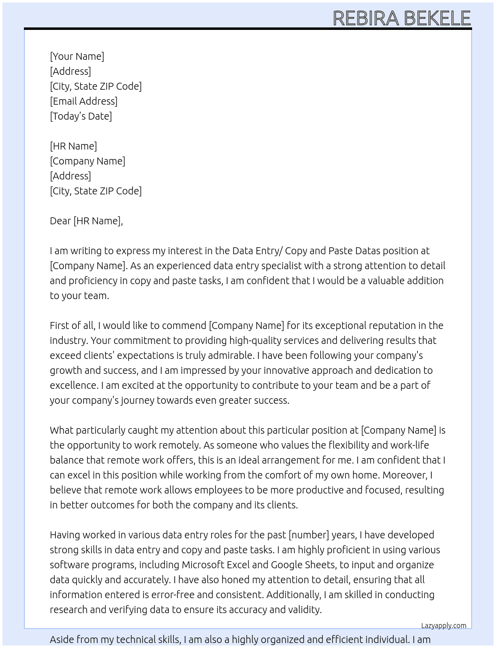 Data entry/ copy and paste datas At Unnkown Cover Letter