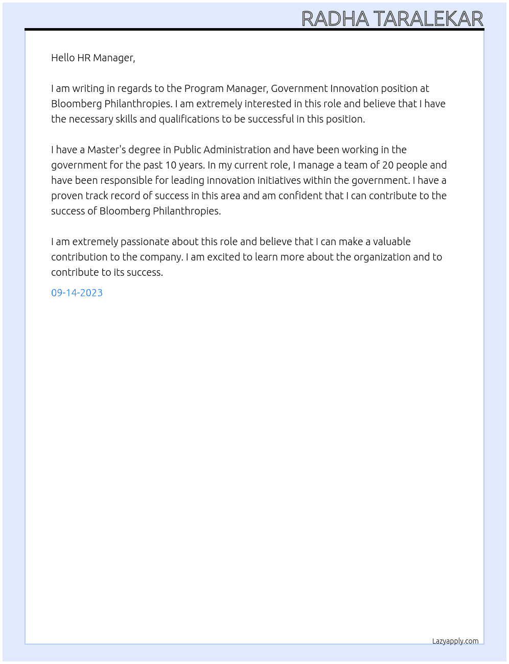 Program Manager, Government Innovation At Bloomberg Philanthropies Cover Letter