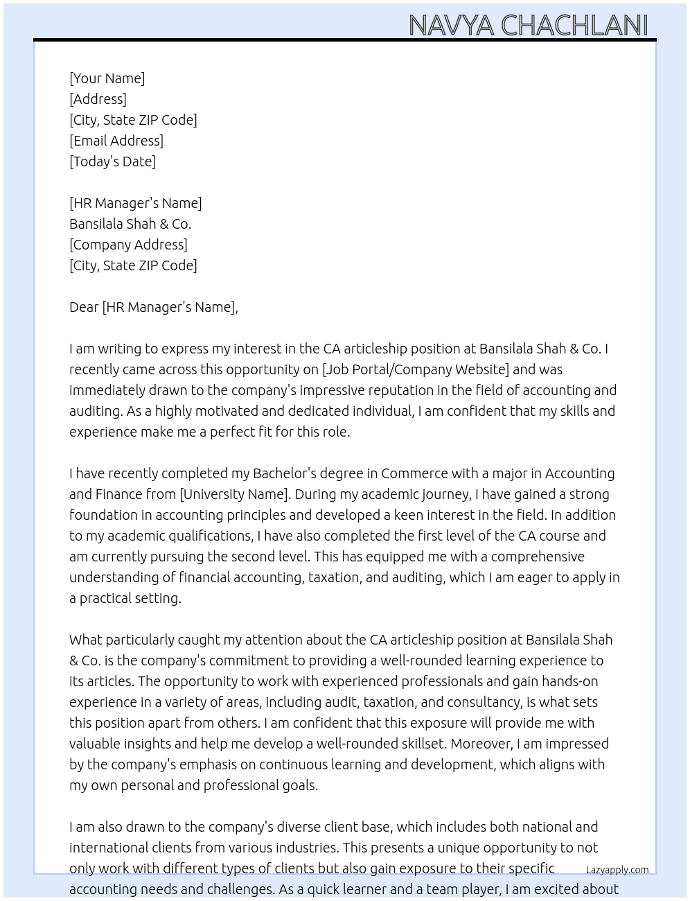 CA articleship  At Bansilala Shah & Co. Cover Letter