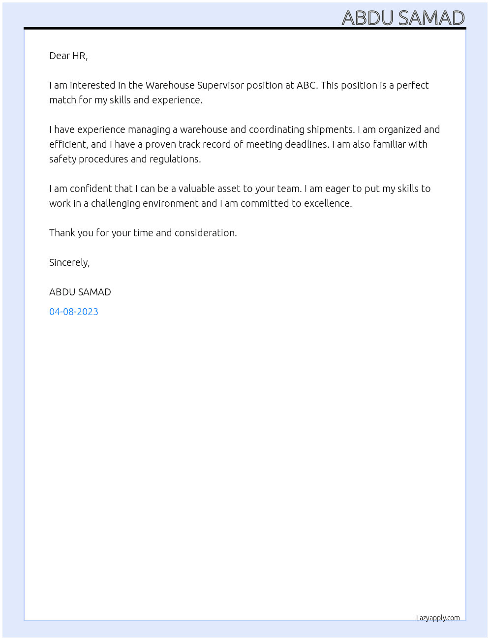 Warehouse Supervisor At ABC Cover Letter