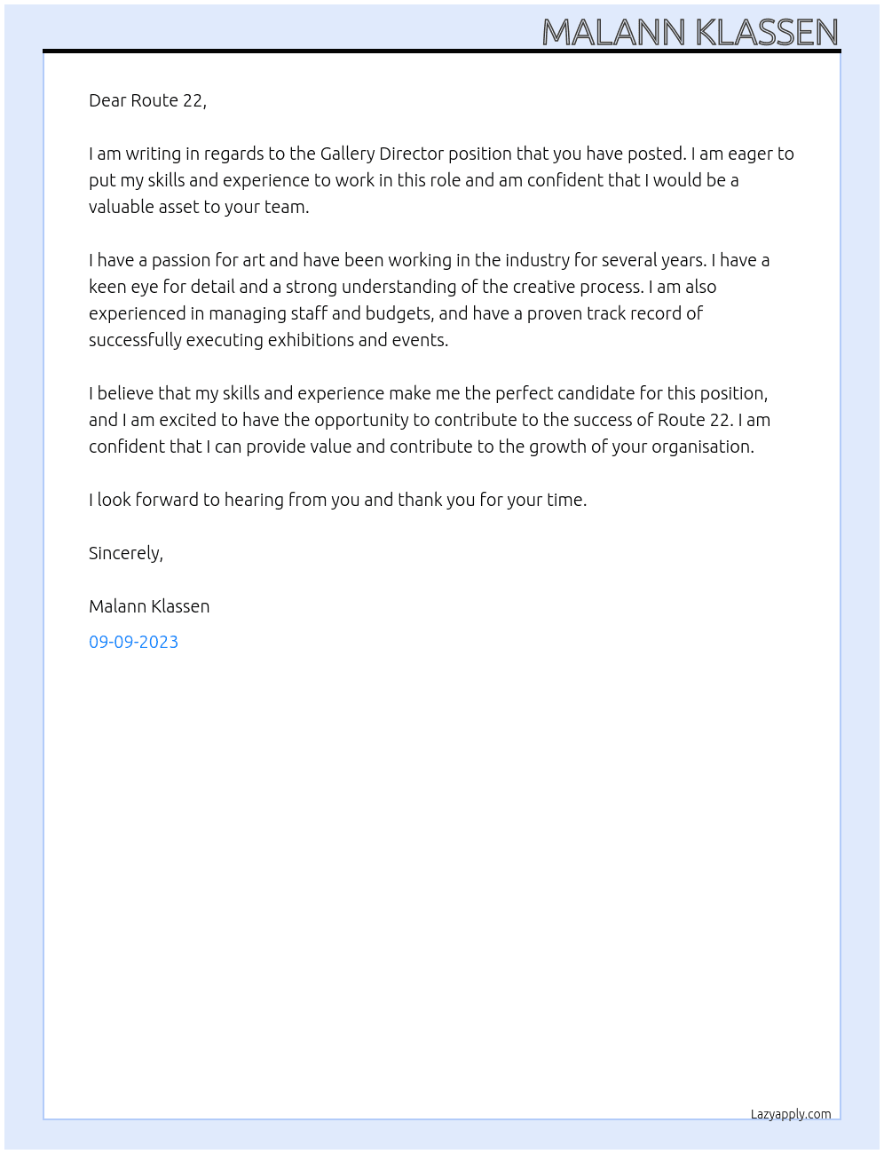Gallery director At Route 22 Cover Letter