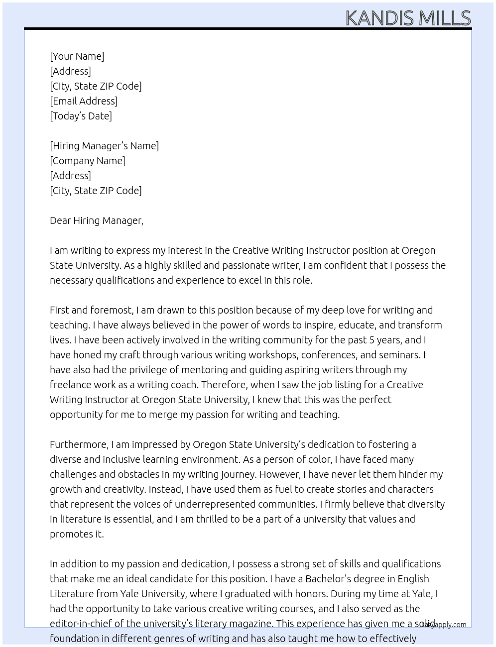 Creative Writing Instructor At Oregon State University Cover Letter