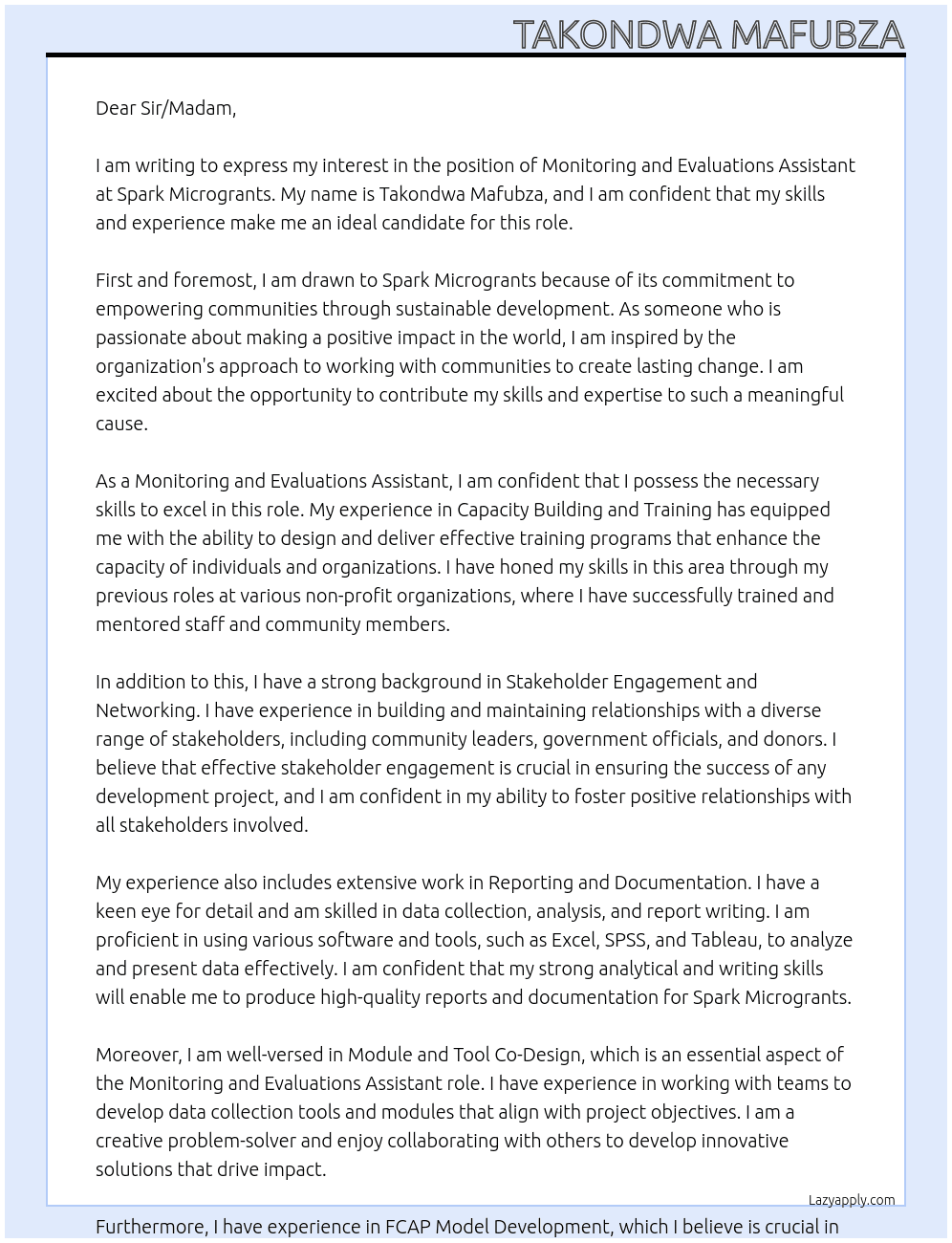 Monitoring And Evaluations Assistant At Spark Microgrants Cover Letter