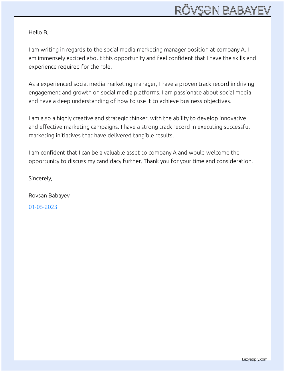 Social media marketing manager At a Cover Letter