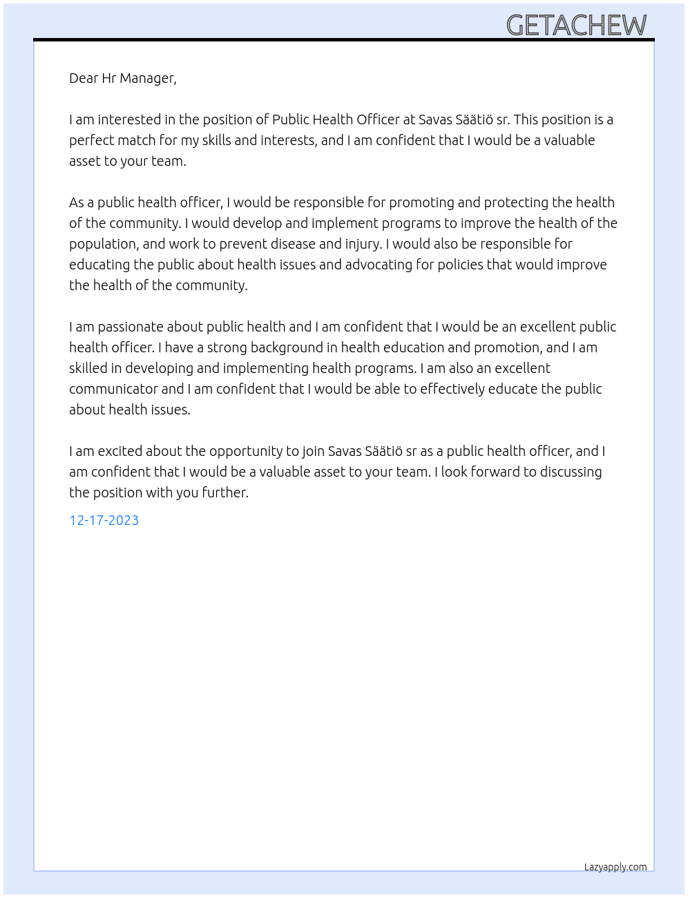 Public health officer  At Savas Säätiö sr Cover Letter