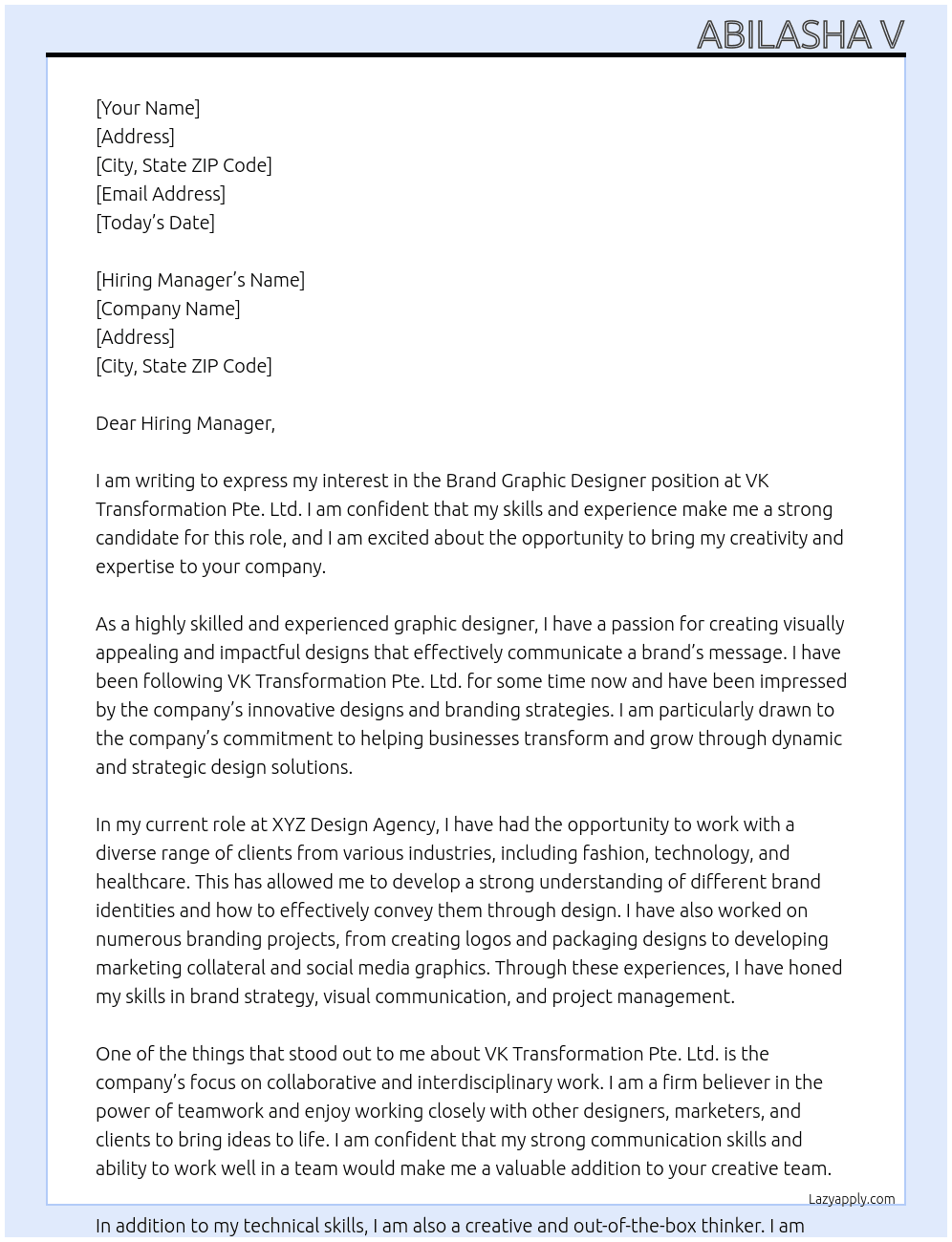 Brand Graphic Designer At VK Transformation Pte.Ltd Cover Letter