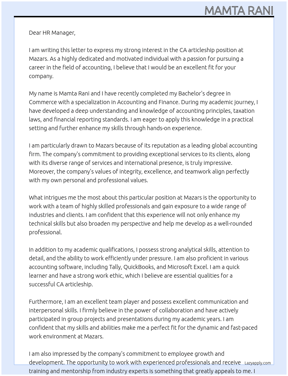 ca  articleship At mazars Cover Letter