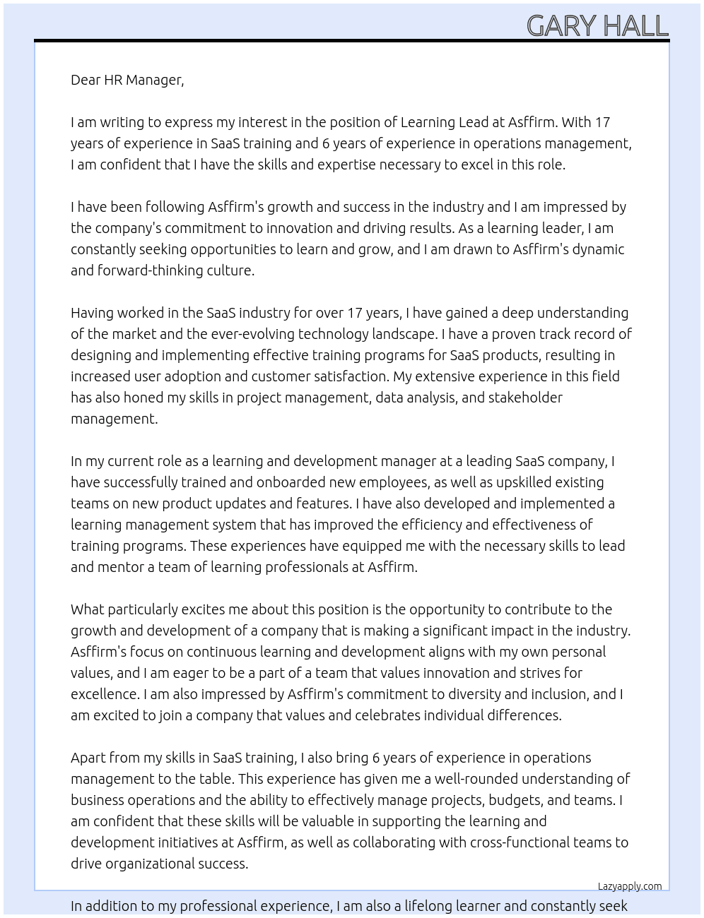 Learning Lead At Asffirm Cover Letter