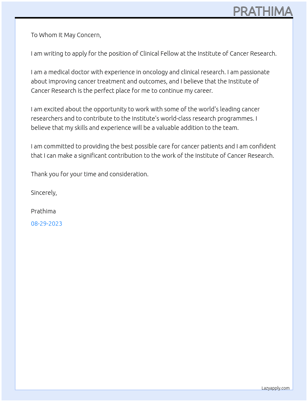 Clinical Fellow At Institute of cancer research Cover Letter