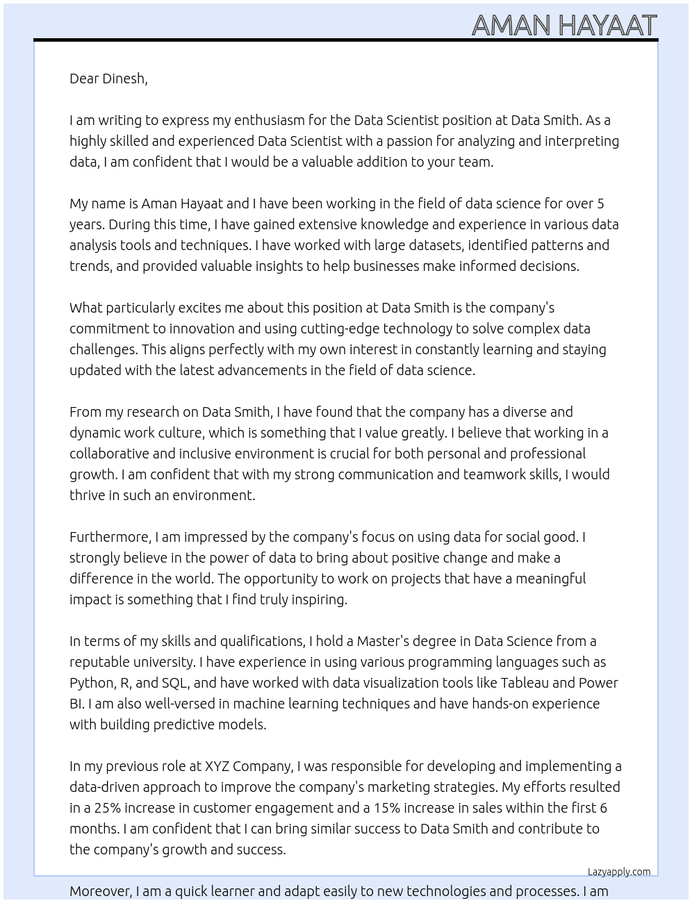 Data Scientist At Data Smith Cover Letter