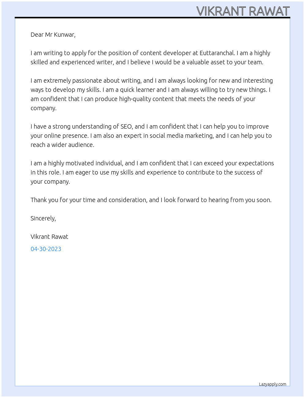 content developer At Euttaranchal Cover Letter