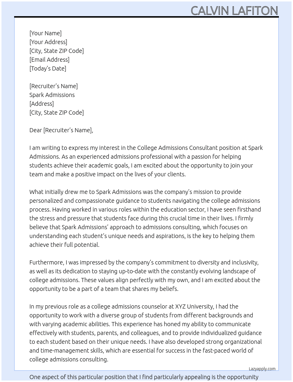 College Admissions Consulant At Spark Admissions Cover Letter