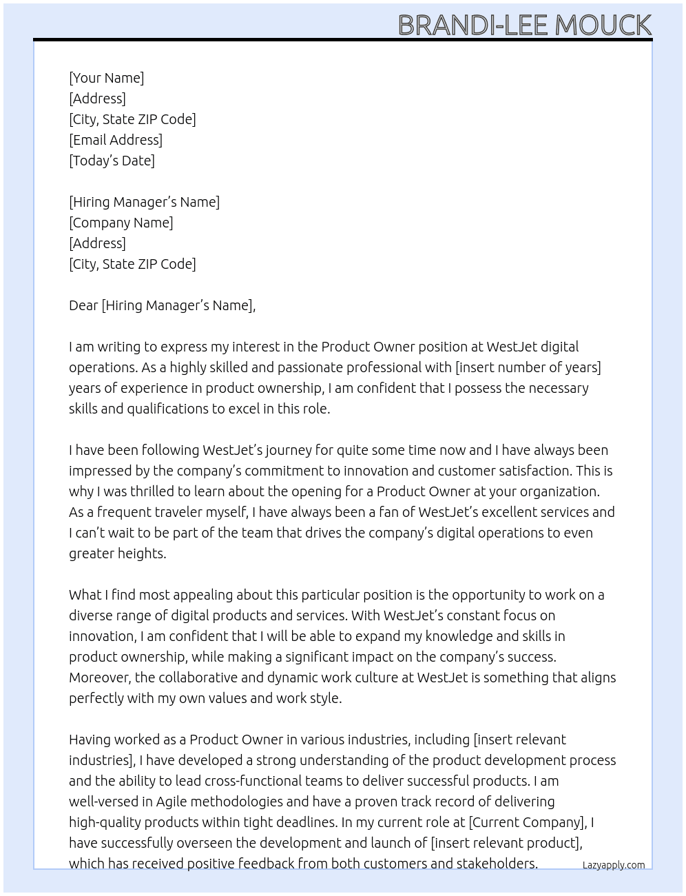 Product Owner At WestJet digital operations Cover Letter