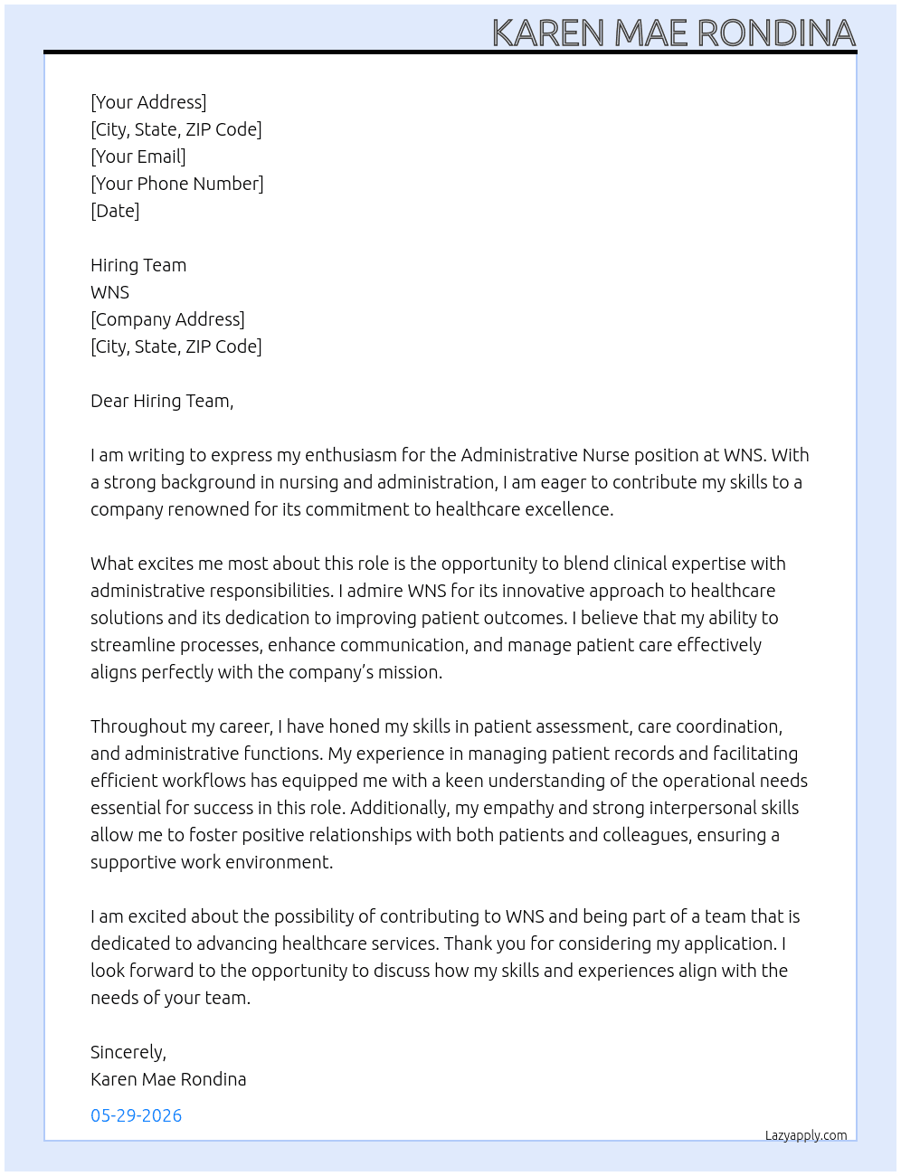 Administrative nurse At WNS Cover Letter