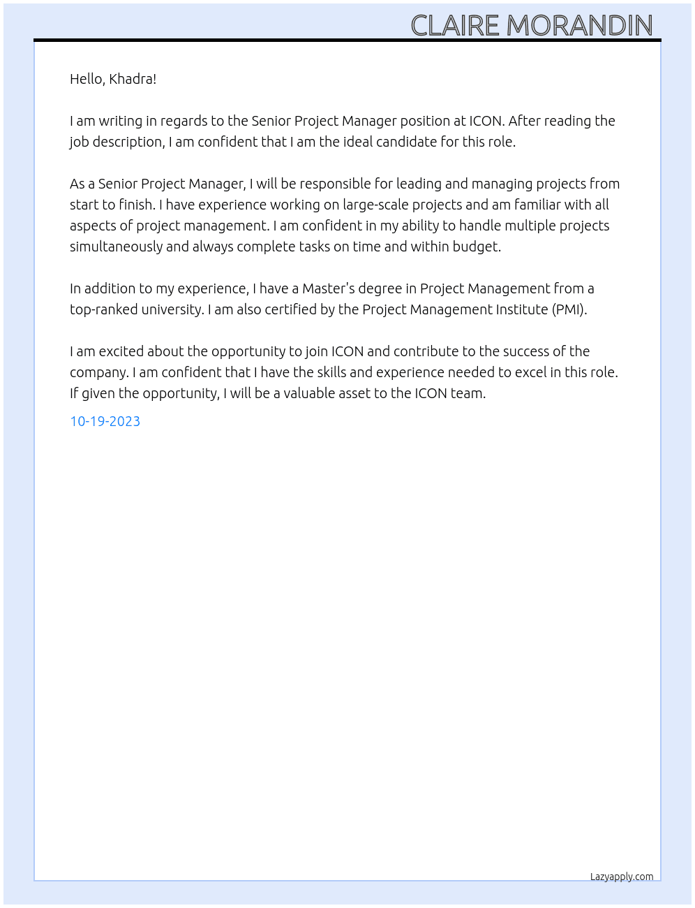 Senior Project Manager  At ICON Cover Letter