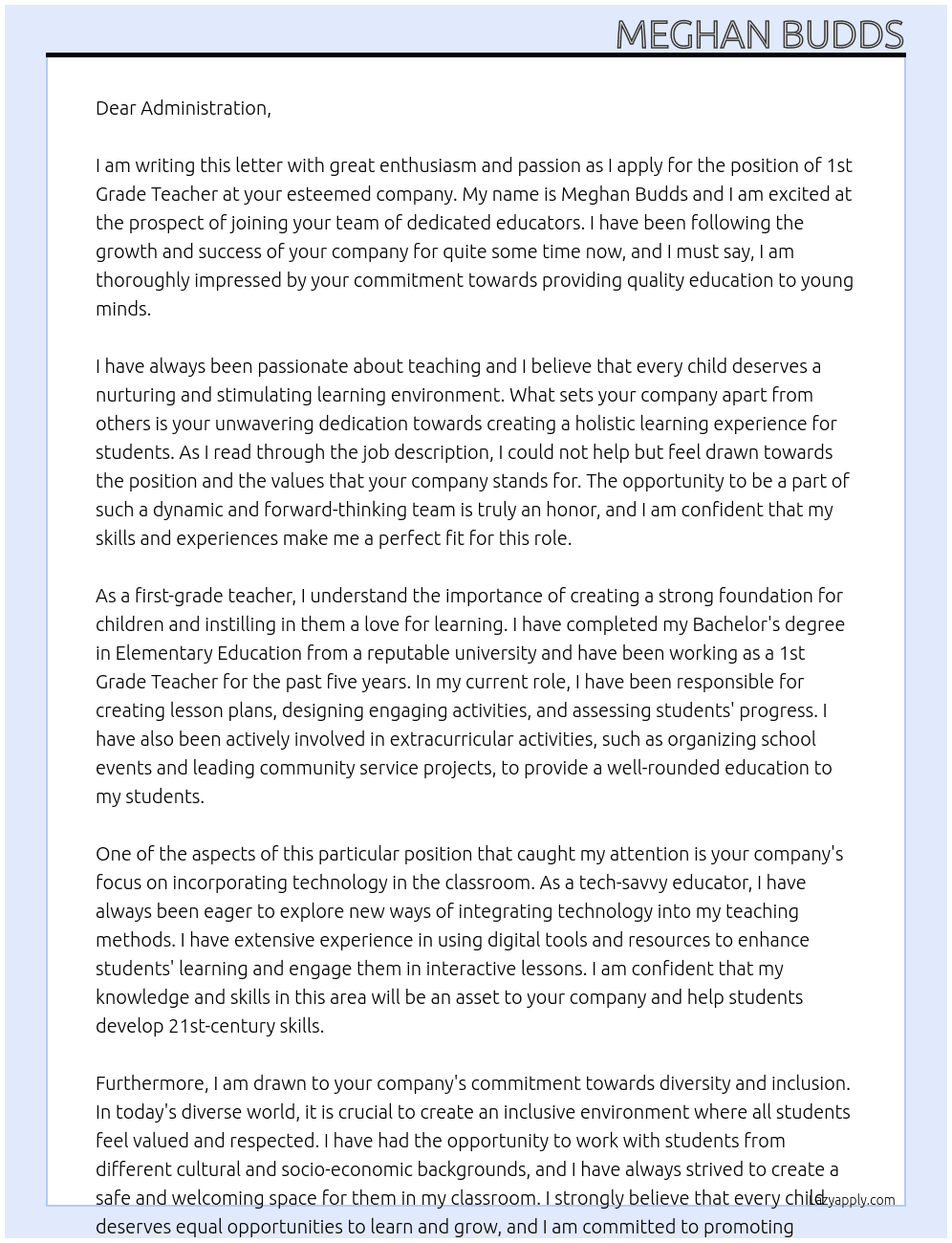 1st Grade Teacher At Administration Cover Letter