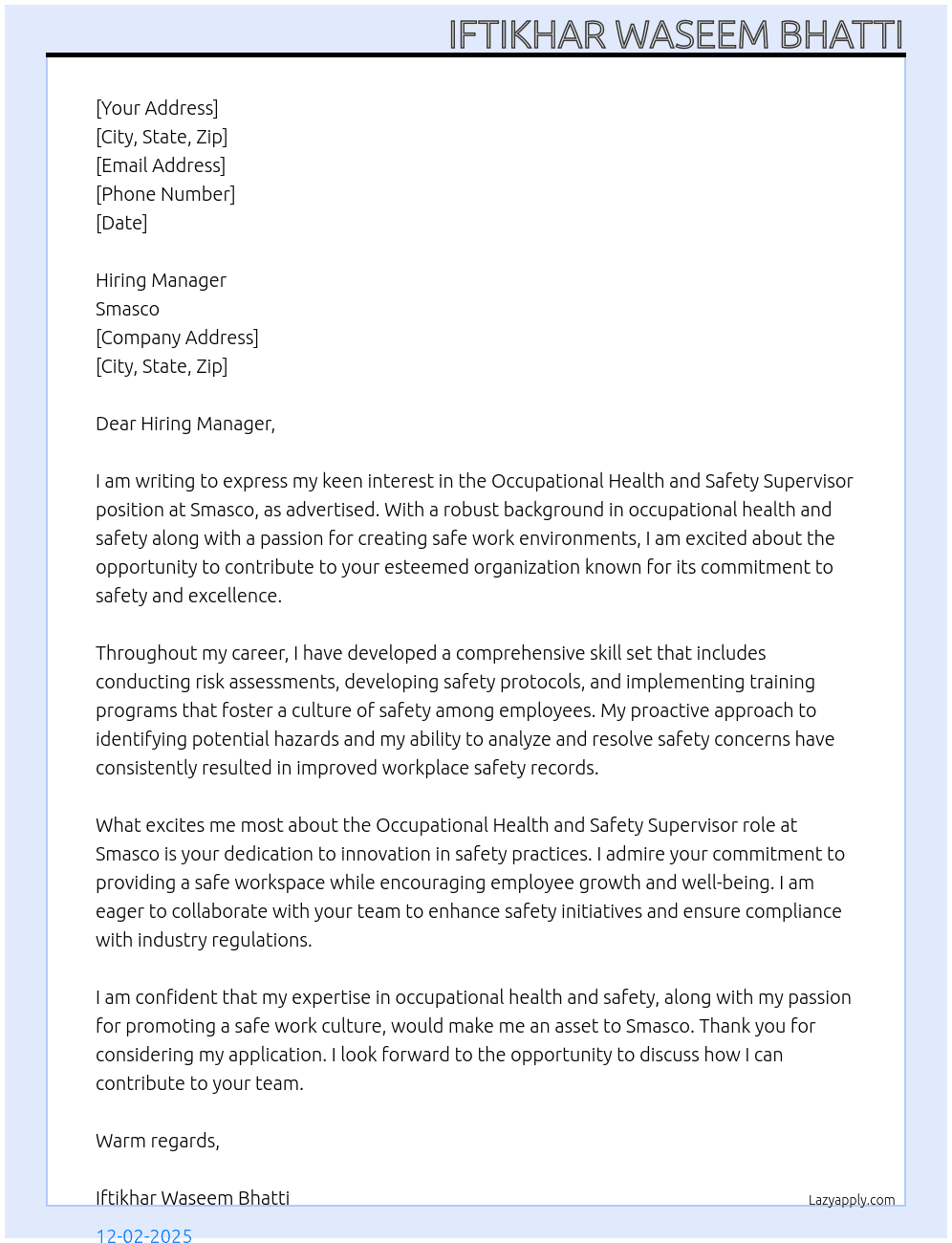 Occupational Health and Safety Supervisor At Smasco Cover Letter