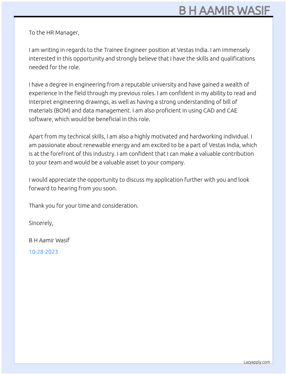 Trainee Engineer At Vestas India Cover Letter