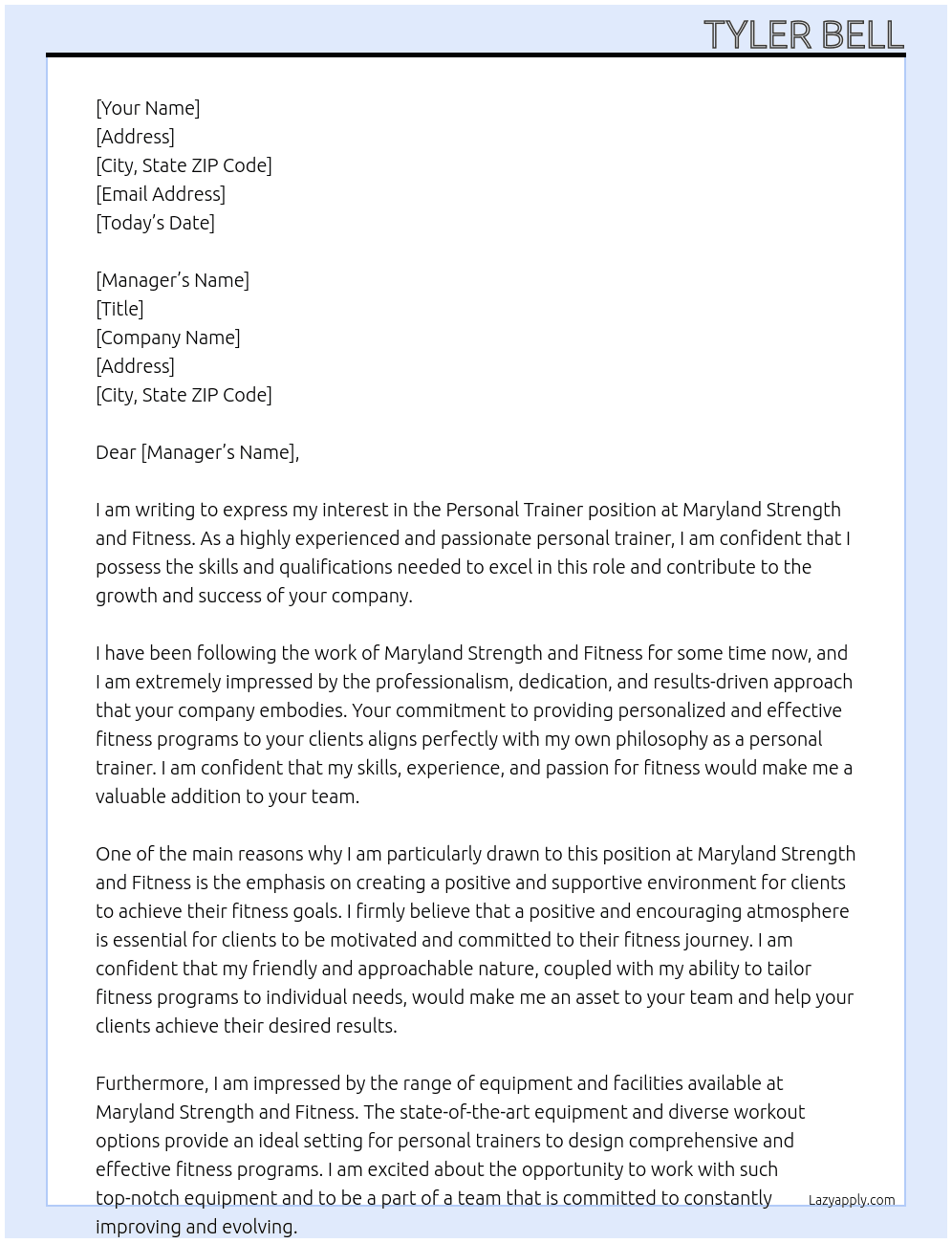 Personal trainer  At Maryland strength and fitness  Cover Letter