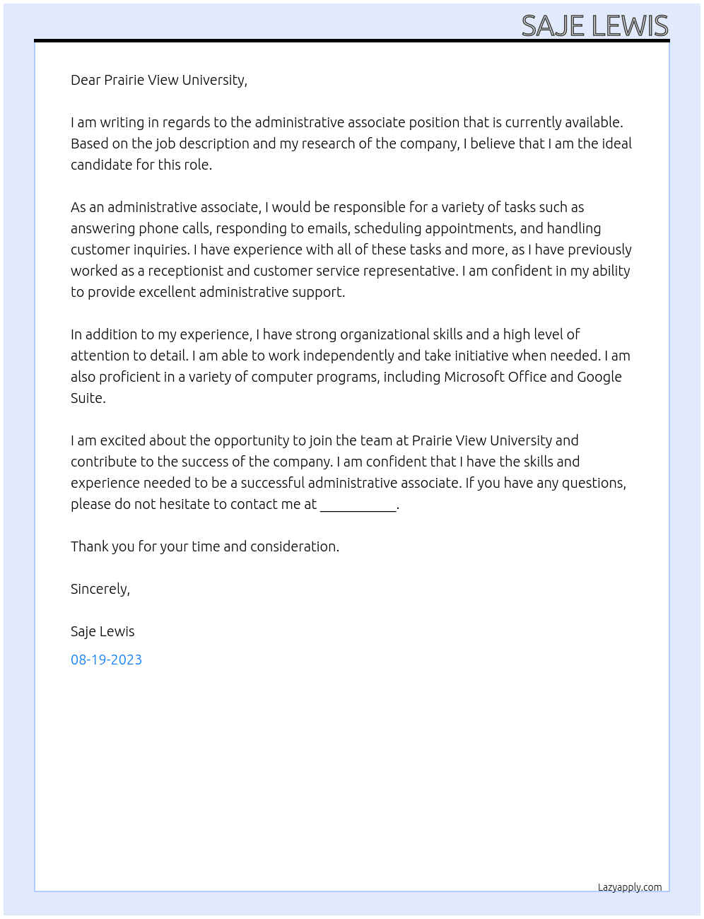 administrative associate At Prairie View University  Cover Letter