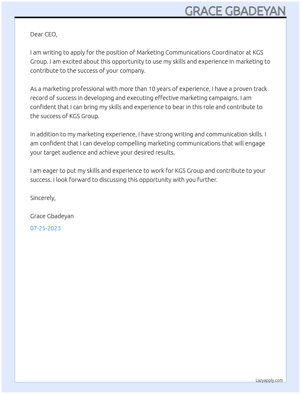 Marketing Communications Coordinator At KGS Group Cover Letter