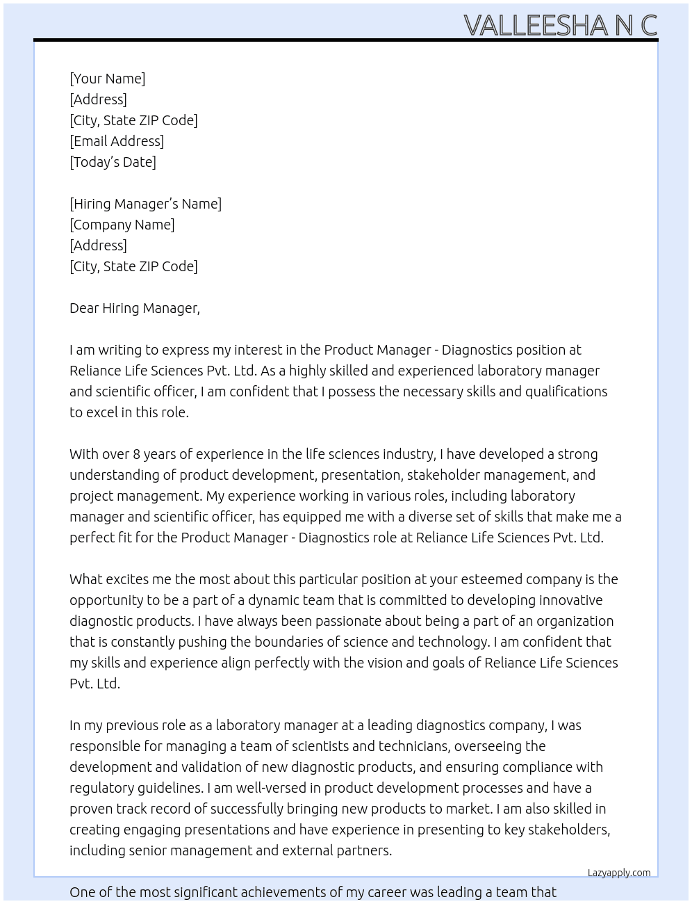 Product Manager - Diagnostics At Reliance Life Sciences Pvt. Ltd. Cover Letter