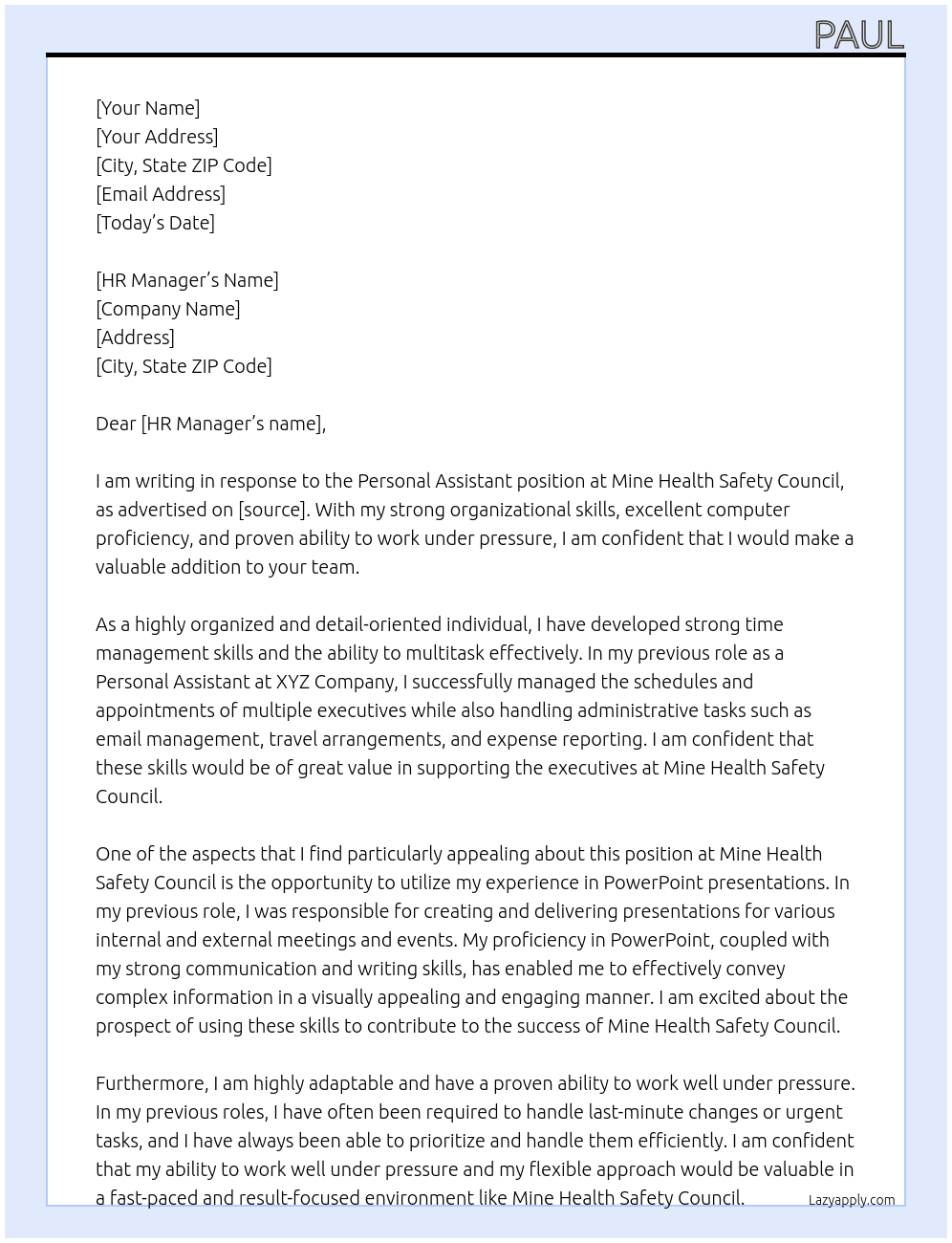 Personal Assistant At Mine Health Safety Council Cover Letter