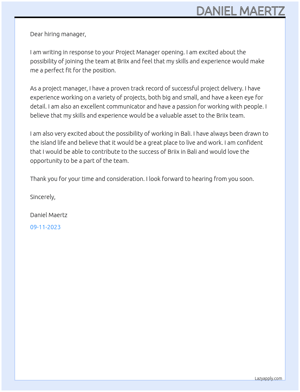 Project Manager At Briix Cover Letter