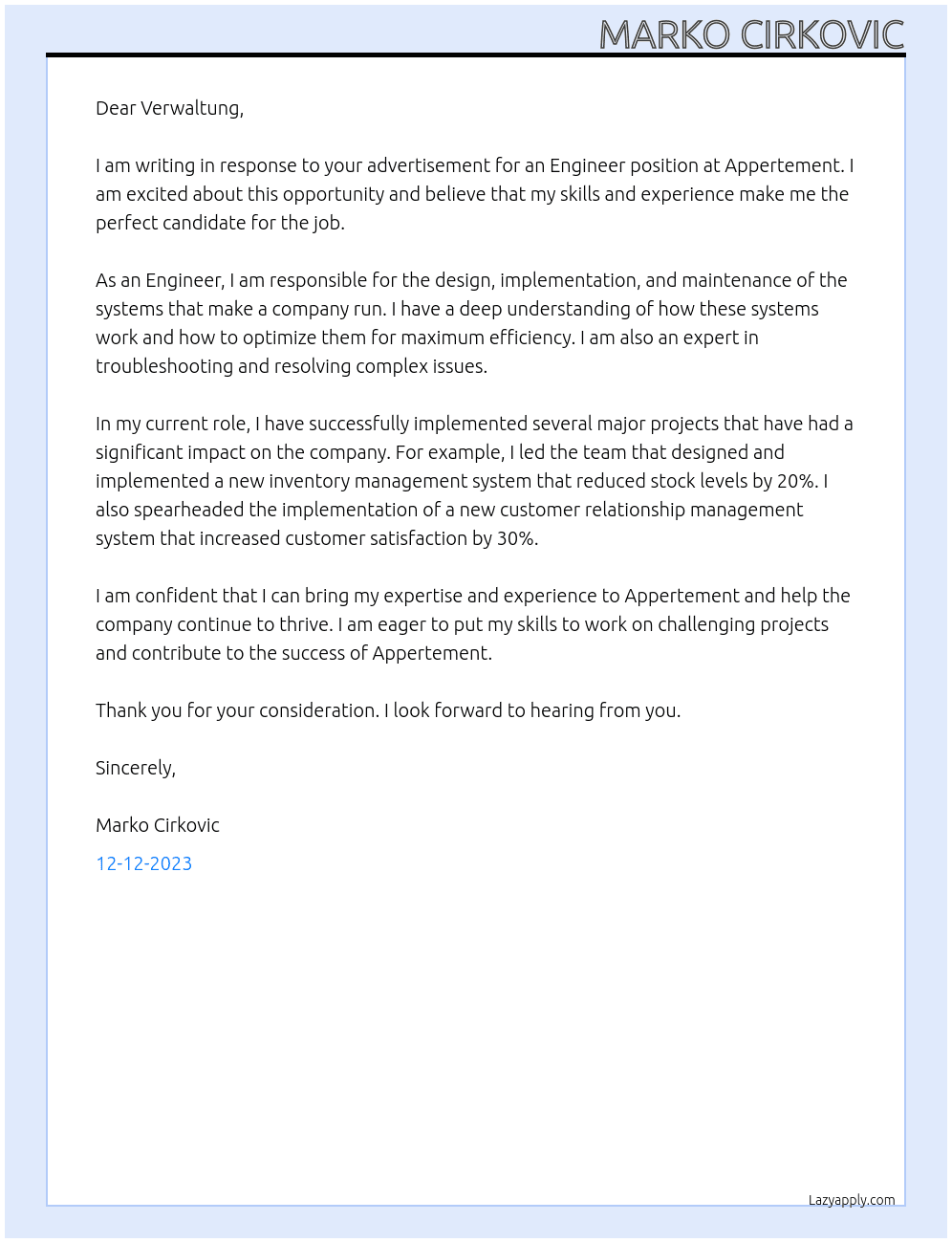 Engineur At Appertement Cover Letter