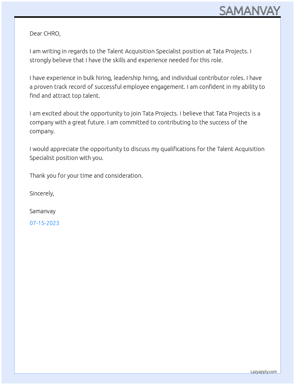 Talent Acquisition Specialist At Tata Projects Cover Letter