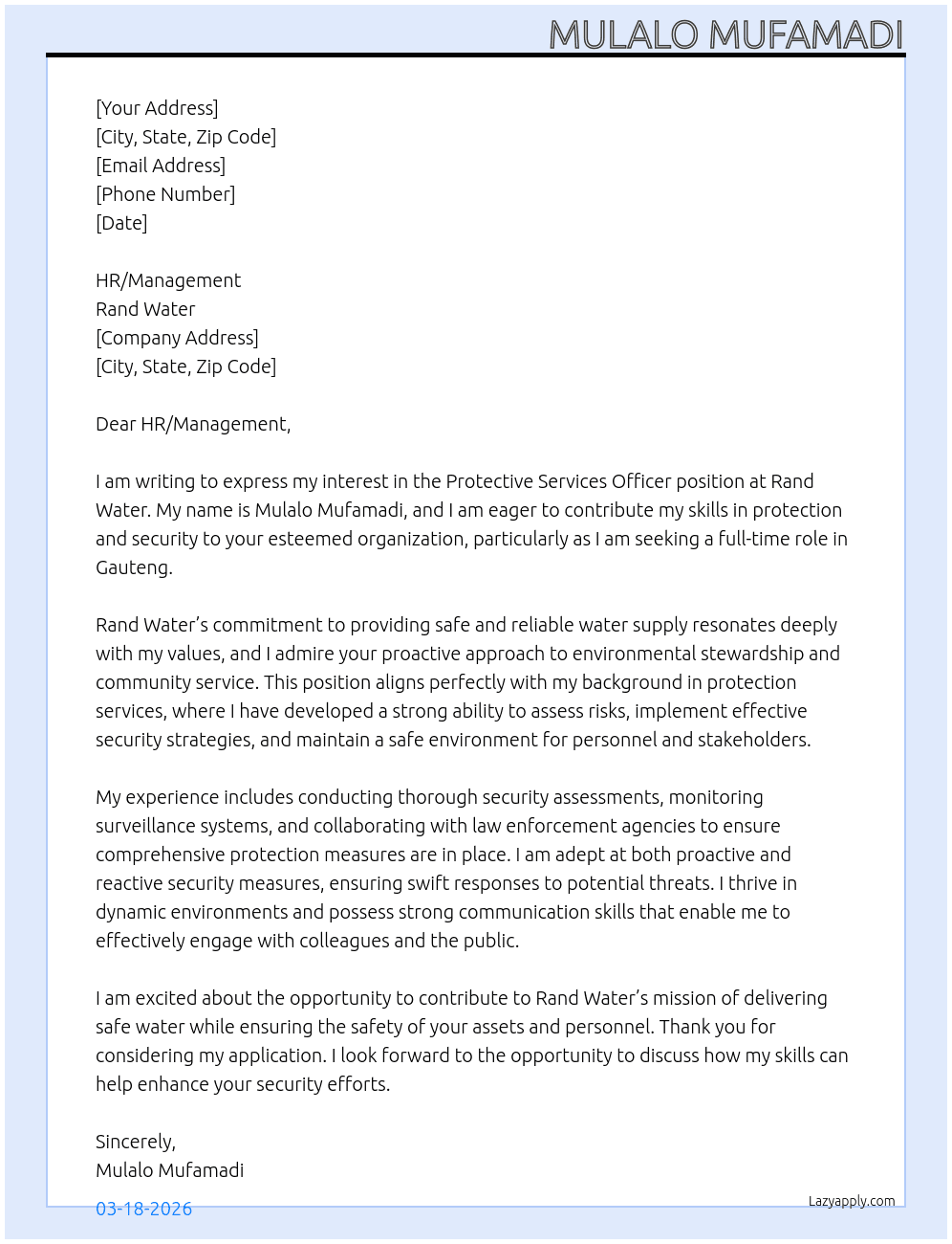 Protective Services Officer At Rand Water  Cover Letter