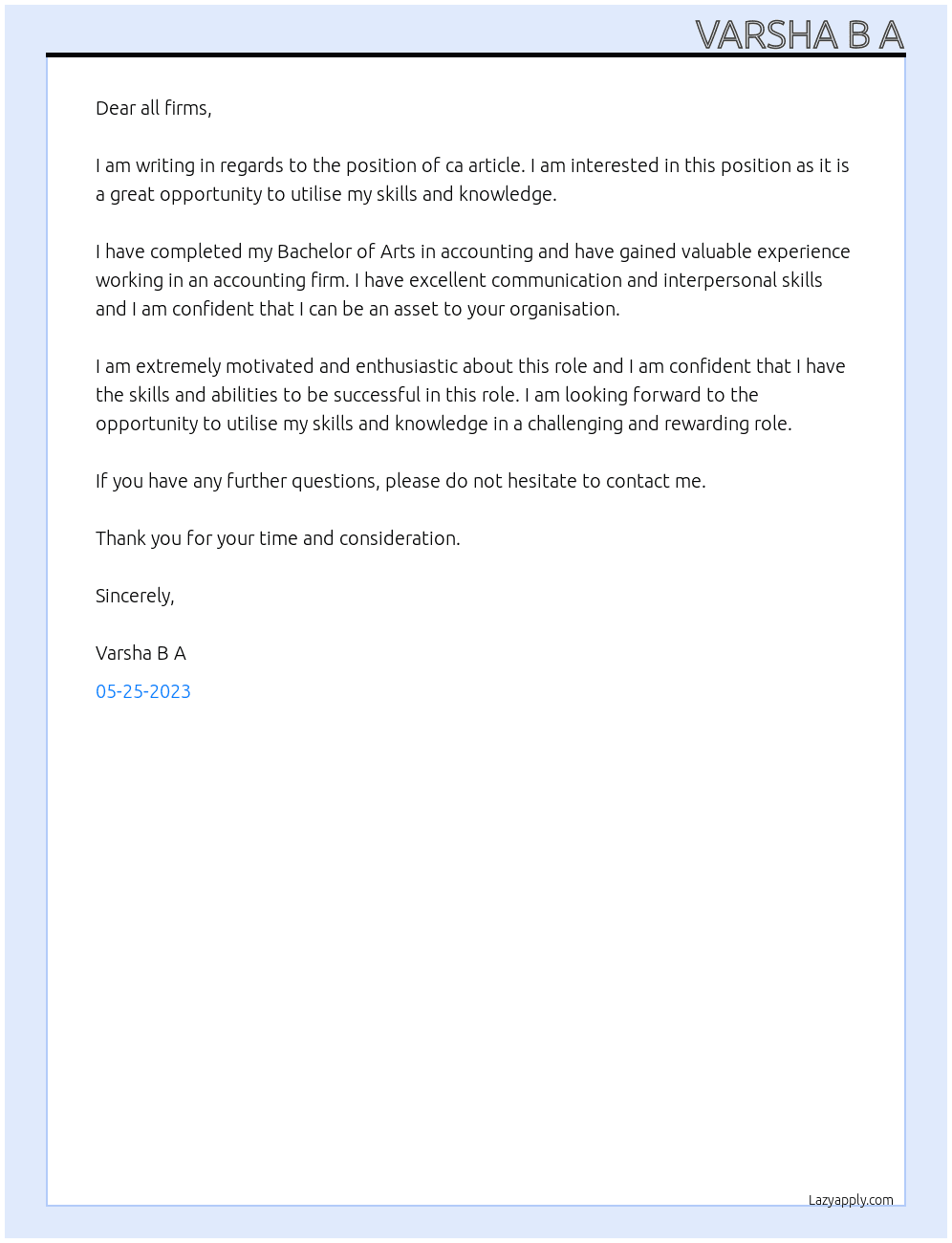 ca article At all firms  Cover Letter