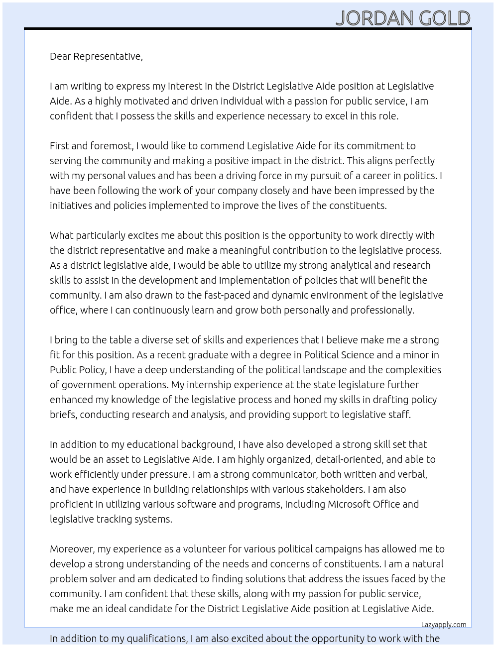 district legislative aide At legislative aide Cover Letter