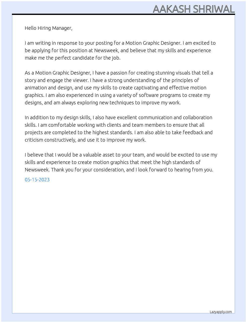 motion graphic designer At Newsweek  Cover Letter